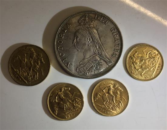 Full sovereign, 3 half sovereigns, silver crown